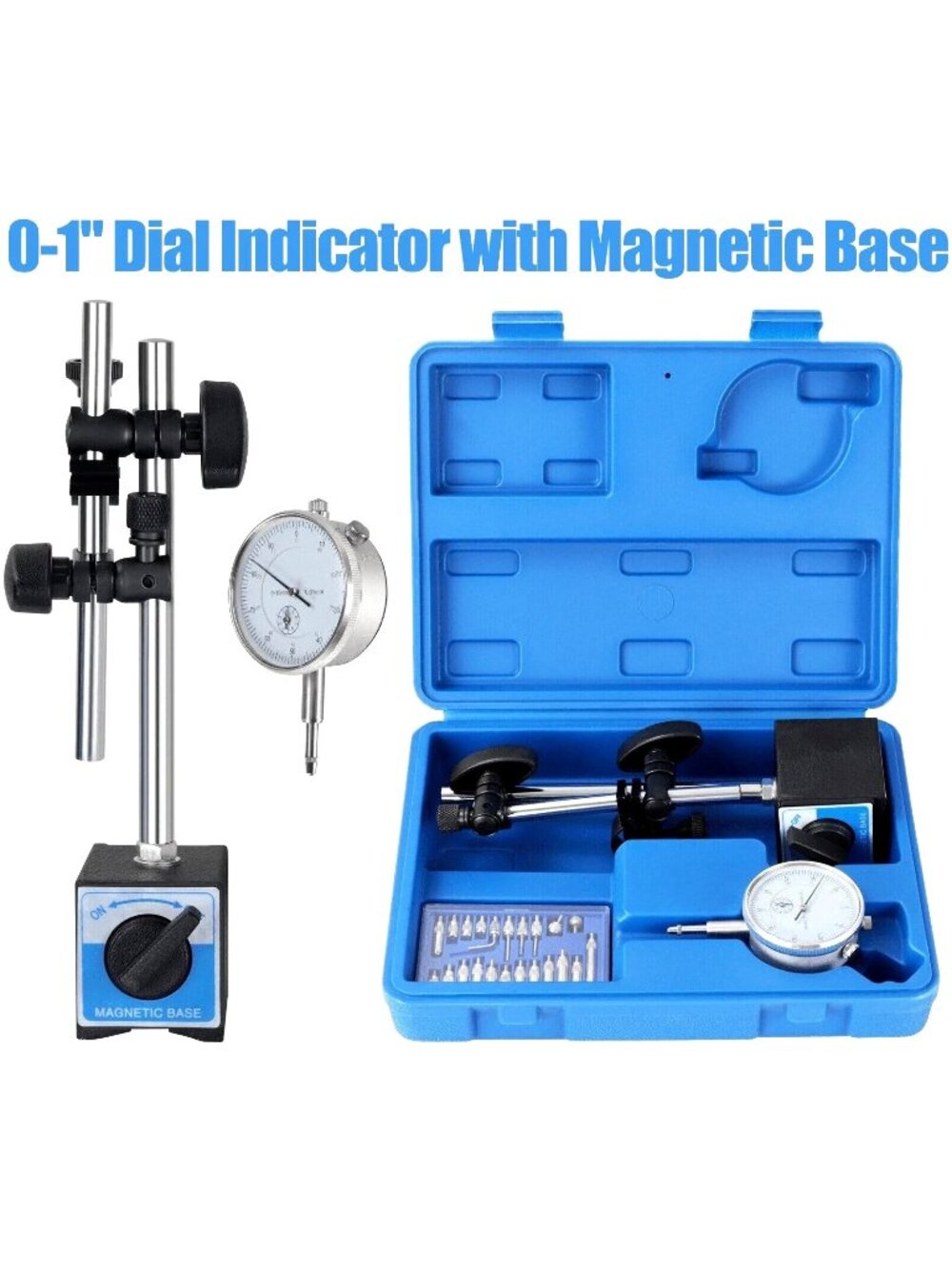 Dial Indicator with Magnetic Base 0.01"Precision Gauge Test Indicator Point Set